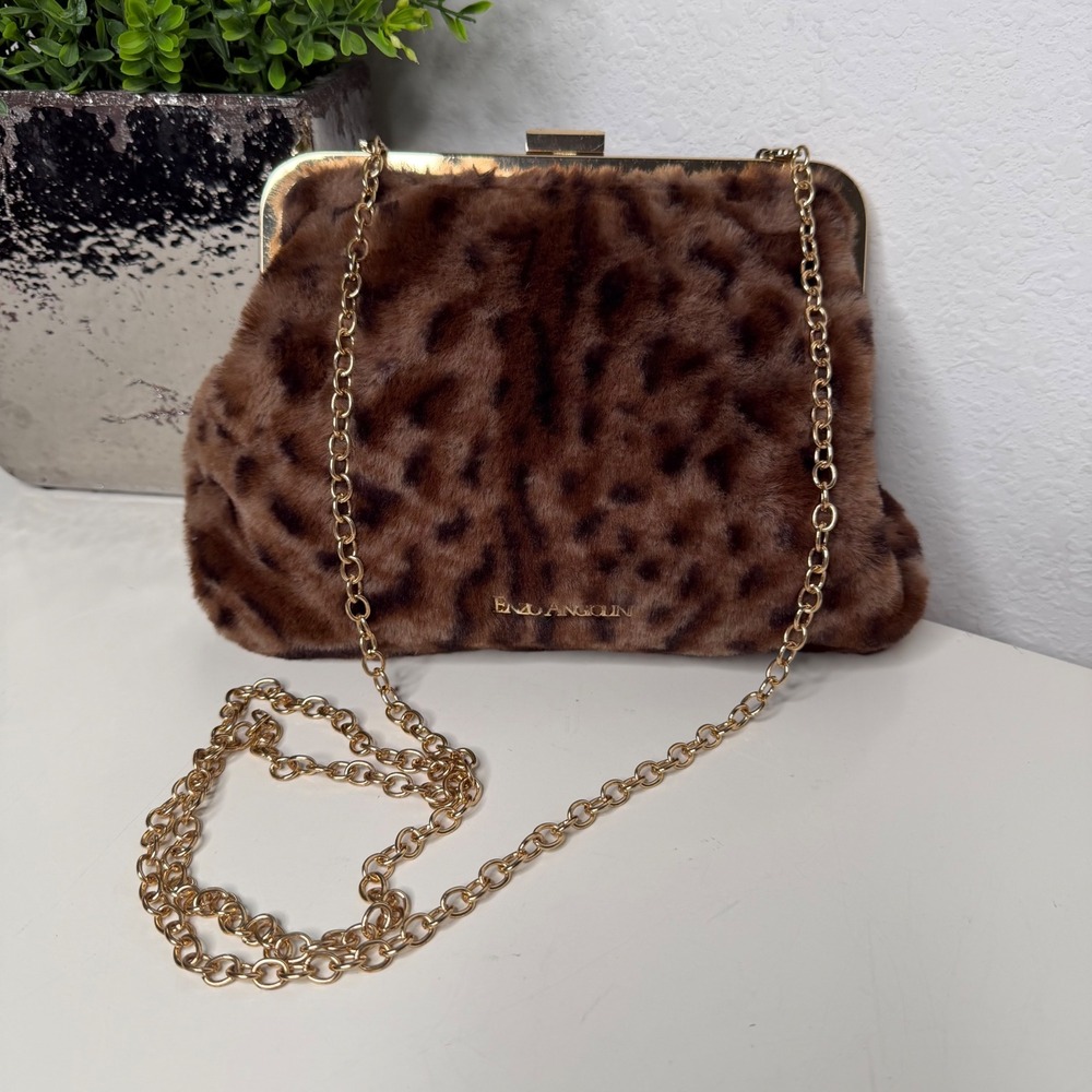 Enzo Angiolini Crossbody Bag Womens Brown Faux Fur Leopard Print Glam Small